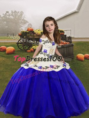 High Class Sleeveless Floor Length Embroidery Lace Up Kids Pageant Dress with Royal Blue