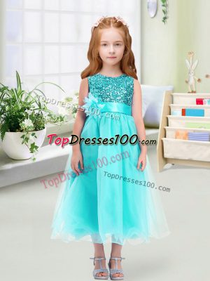 Wonderful Tea Length Zipper Flower Girl Dresses Aqua Blue for Wedding Party with Sequins and Hand Made Flower