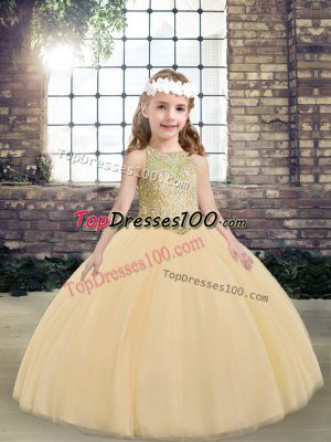 Peach Ball Gowns Scoop Sleeveless Tulle Floor Length Lace Up Beading Little Girls Pageant Gowns