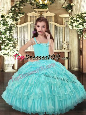 Floor Length Aqua Blue Little Girl Pageant Gowns Straps Sleeveless Lace Up