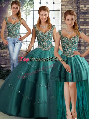 Fancy Floor Length Teal Sweet 16 Quinceanera Dress Tulle Sleeveless Beading and Appliques