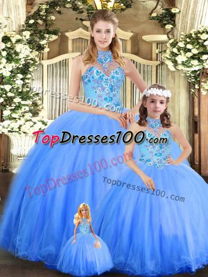 Floor Length Blue 15th Birthday Dress Tulle Sleeveless Embroidery