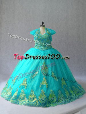 Aqua Blue Sweetheart Neckline Appliques Quinceanera Gowns Sleeveless Lace Up