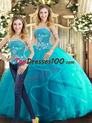 Aqua Blue Tulle Lace Up Ball Gown Prom Dress Sleeveless Floor Length Beading and Ruffles