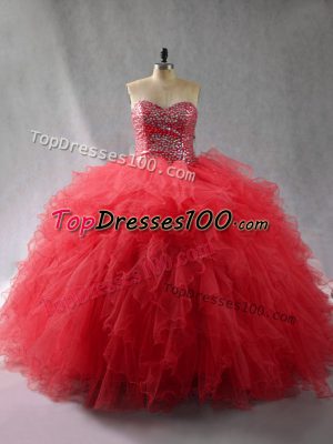 Eye-catching Tulle Sweetheart Sleeveless Lace Up Beading and Ruffles Sweet 16 Dresses in Wine Red