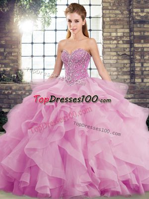 Cute Tulle Sweetheart Sleeveless Brush Train Lace Up Beading and Ruffles Quinceanera Dresses in Lilac