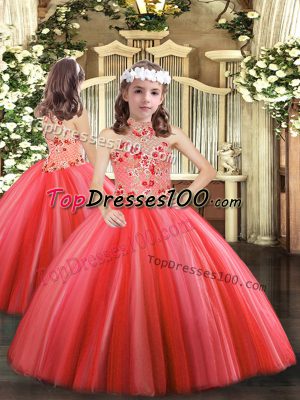 Coral Red Ball Gowns Halter Top Sleeveless Tulle Floor Length Lace Up Appliques Pageant Gowns For Girls