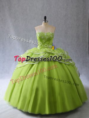 Yellow Green Organza and Tulle Lace Up Sweetheart Sleeveless 15 Quinceanera Dress Brush Train Appliques and Ruffles