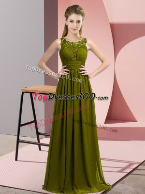 Hot Selling Olive Green Empire Scoop Sleeveless Chiffon Floor Length Zipper Beading and Appliques Quinceanera Court of Honor Dress