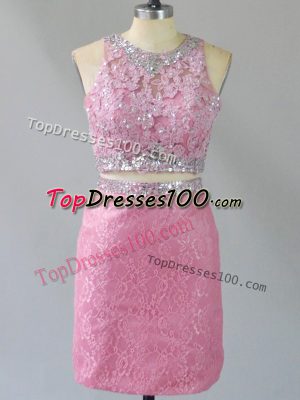 Fitting Baby Pink Two Pieces Beading Prom Evening Gown Zipper Lace Sleeveless Mini Length