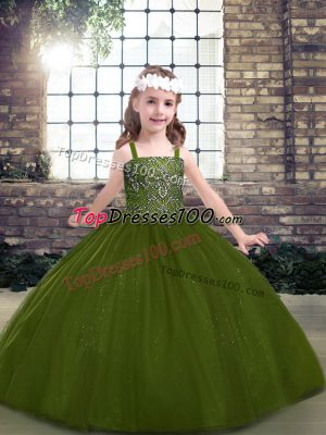 Floor Length Ball Gowns Sleeveless Olive Green Pageant Gowns For Girls Lace Up