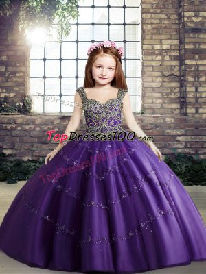 Purple Lace Up Pageant Dresses Beading Sleeveless Floor Length