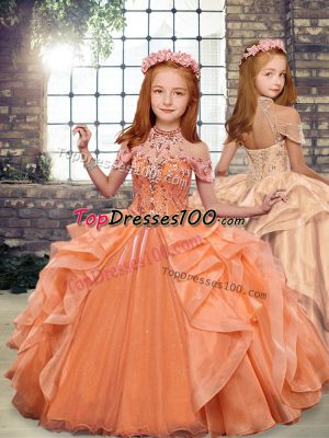 Orange Ball Gowns Beading and Ruffles Little Girls Pageant Dress Lace Up Organza Sleeveless Floor Length