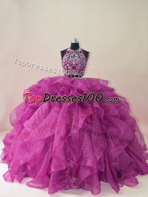 Beading and Ruffles Vestidos de Quinceanera Fuchsia Backless Sleeveless Brush Train