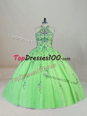 Customized Sleeveless Brush Train Appliques and Embroidery Quince Ball Gowns
