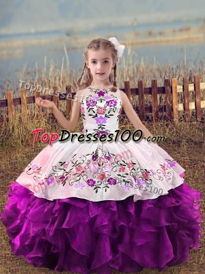 Adorable Embroidery and Ruffles Pageant Gowns For Girls Purple Lace Up Sleeveless Floor Length