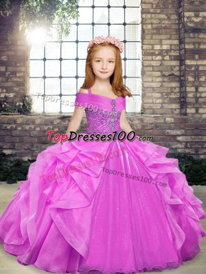 Inexpensive Sleeveless Floor Length Beading and Ruffles Lace Up Little Girl Pageant Dress with Lilac