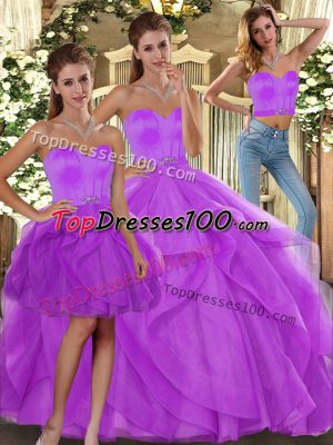 Beading and Ruffles Quinceanera Dresses Lilac Lace Up Sleeveless Floor Length