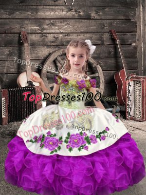 Purple Organza Lace Up Off The Shoulder Sleeveless Floor Length Pageant Dress Womens Beading and Embroidery and Ruffles