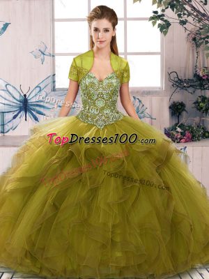 Sumptuous Olive Green Ball Gowns Tulle Off The Shoulder Sleeveless Beading and Ruffles Floor Length Lace Up Sweet 16 Dresses