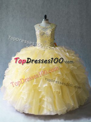 Floor Length Yellow Quince Ball Gowns Organza Sleeveless Beading and Ruffles