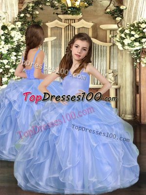 Discount Straps Sleeveless Kids Formal Wear Floor Length Ruffles Blue Organza