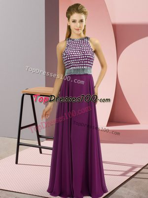 Sleeveless Chiffon Floor Length Prom Dress in Eggplant Purple with Beading