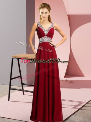 Burgundy Empire Chiffon V-neck Sleeveless Beading Floor Length Lace Up Prom Dresses