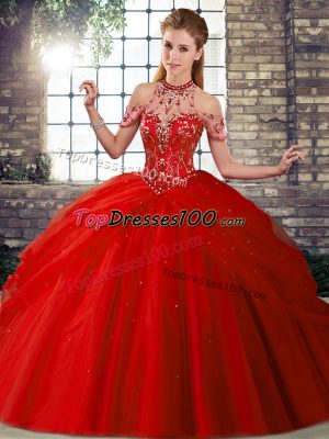Classical Red Lace Up 15th Birthday Dress Beading and Pick Ups Sleeveless Brush Train
