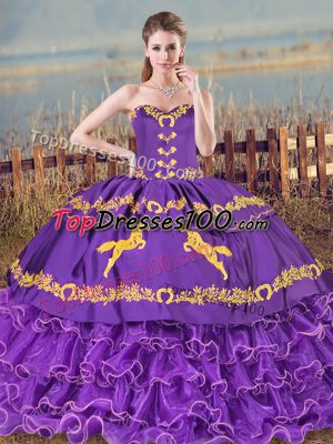 Organza Sweetheart Sleeveless Lace Up Embroidery and Ruffled Layers 15 Quinceanera Dress in Purple