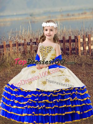 Enchanting Royal Blue Organza Lace Up Straps Sleeveless Floor Length Pageant Dress for Womens Beading and Embroidery and Ruffled Layers