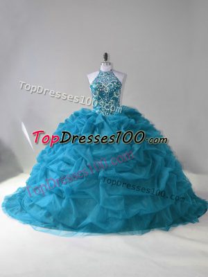 Wonderful Teal Sleeveless Beading and Pick Ups Lace Up Quinceanera Gowns
