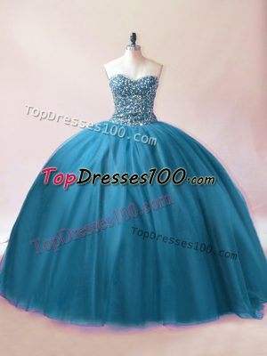 Charming Ball Gowns 15th Birthday Dress Teal Sweetheart Tulle Sleeveless Floor Length Lace Up