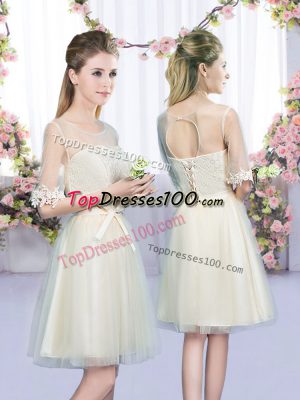 Deluxe Half Sleeves Lace Up Mini Length Lace and Bowknot Wedding Party Dress