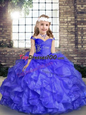 Trendy Straps Sleeveless Lace Up Girls Pageant Dresses Blue Organza