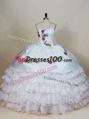 Modest White Sleeveless Floor Length Embroidery and Ruffled Layers Lace Up Sweet 16 Quinceanera Dress
