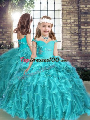 Custom Design Aqua Blue Lace Up Little Girl Pageant Dress Beading and Ruffles Sleeveless Floor Length