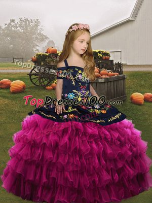 Fuchsia Straps Embroidery and Ruffles Evening Gowns Sleeveless