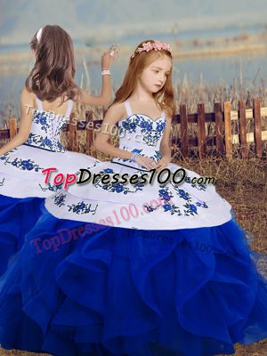 Royal Blue Straps Neckline Embroidery and Ruffles Pageant Dress Toddler Sleeveless Backless