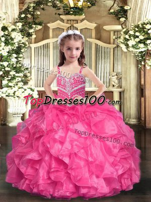 Straps Sleeveless Girls Pageant Dresses Floor Length Beading and Ruffles Hot Pink Organza
