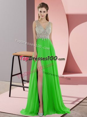 Green Prom Dress Chiffon Sweep Train Sleeveless Beading
