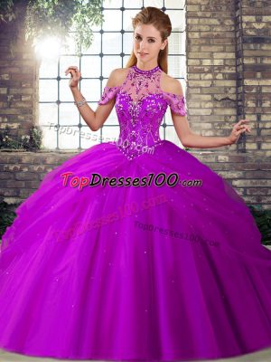 Purple Sleeveless Brush Train Beading and Pick Ups Quinceanera Gowns