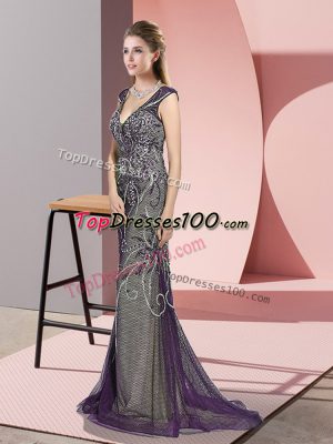 Nice Purple Zipper Prom Gown Beading Sleeveless Sweep Train