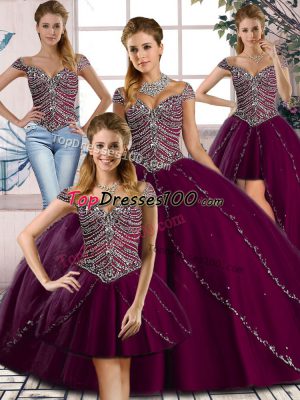 Stunning Purple Lace Up Vestidos de Quinceanera Beading Cap Sleeves Brush Train