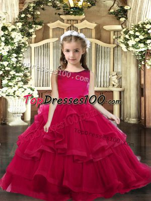 Sleeveless Little Girl Pageant Gowns Floor Length Ruffled Layers Red Tulle