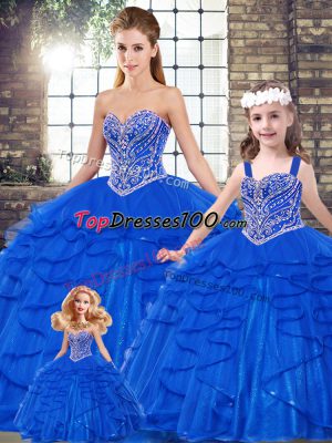 Glorious Royal Blue Sleeveless Tulle Lace Up Quinceanera Gown for Military Ball and Sweet 16 and Quinceanera