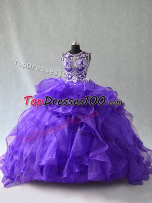 Exceptional Scoop Sleeveless 15th Birthday Dress Floor Length Beading and Ruffles Purple Organza