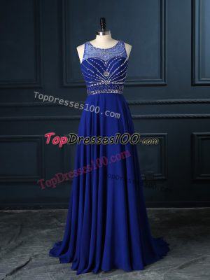 Sumptuous Royal Blue Criss Cross Scoop Beading Prom Dresses Chiffon Sleeveless Brush Train