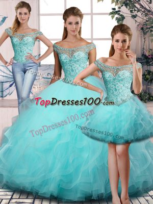 Fantastic Aqua Blue Quinceanera Dress Tulle Sleeveless Beading and Ruffles