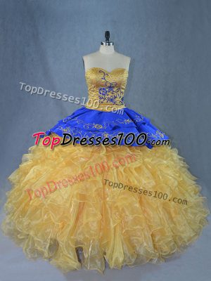 Gold Sweetheart Lace Up Embroidery and Ruffles 15 Quinceanera Dress Brush Train Sleeveless